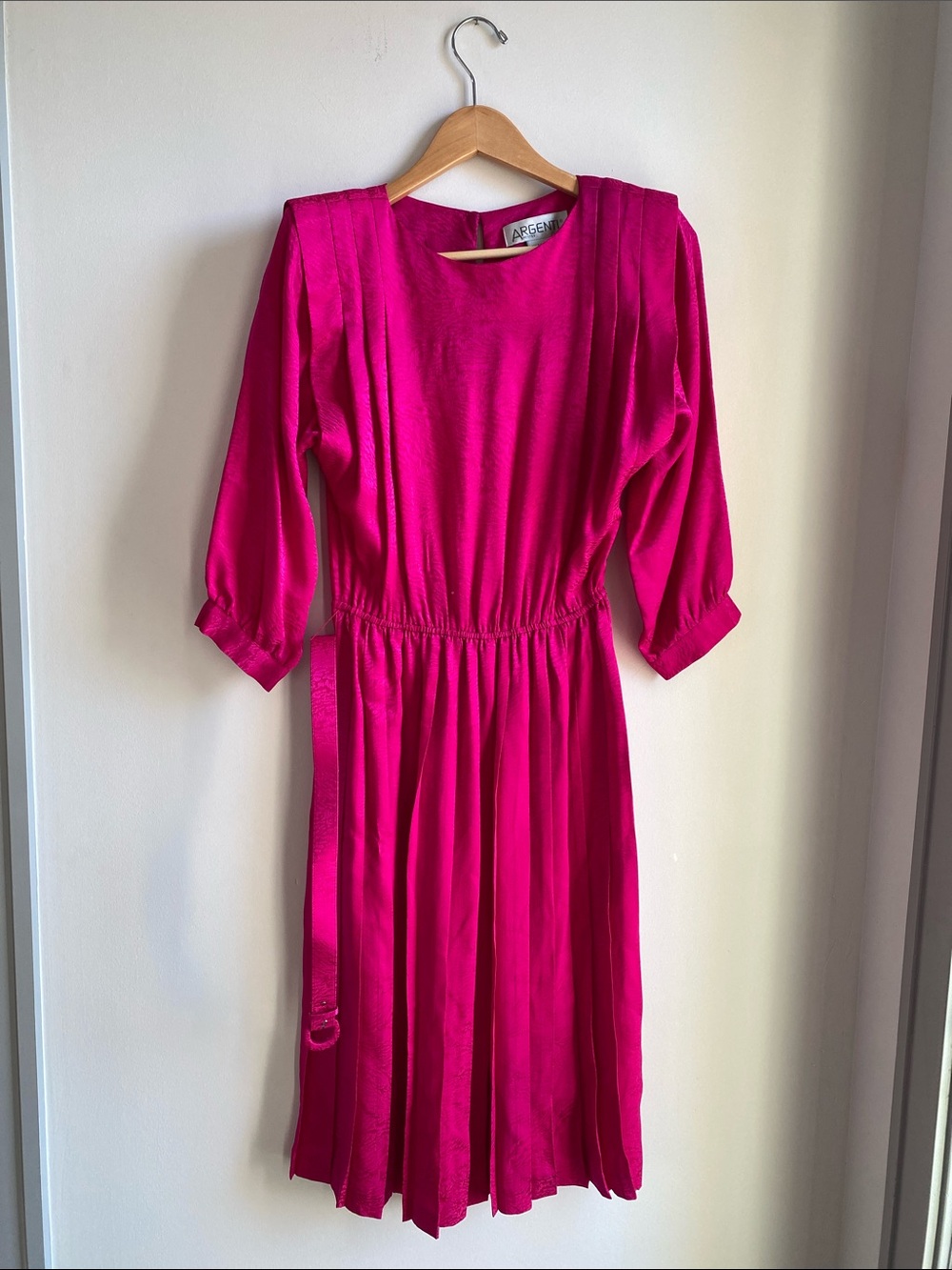Vintage 100% Silk Fuchsia Pleated Midi Dress With Belt